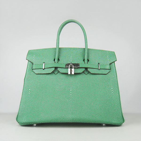 High Quality Fake Hermes Birkin 35CM Pearl Veins Leather Bag Green 6089 - Click Image to Close